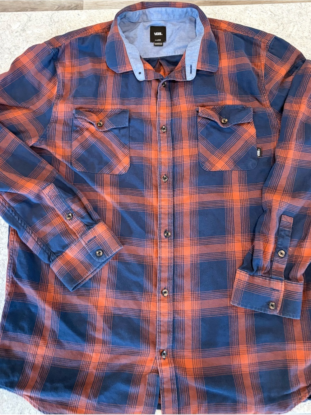 Vans Navy and Orange Plaid Flannel Button-Up Shirt-XL